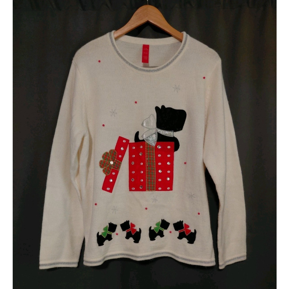 Holiday Time Christmas Scotty Dog Presents Pullover Cream Embroidered Size Large